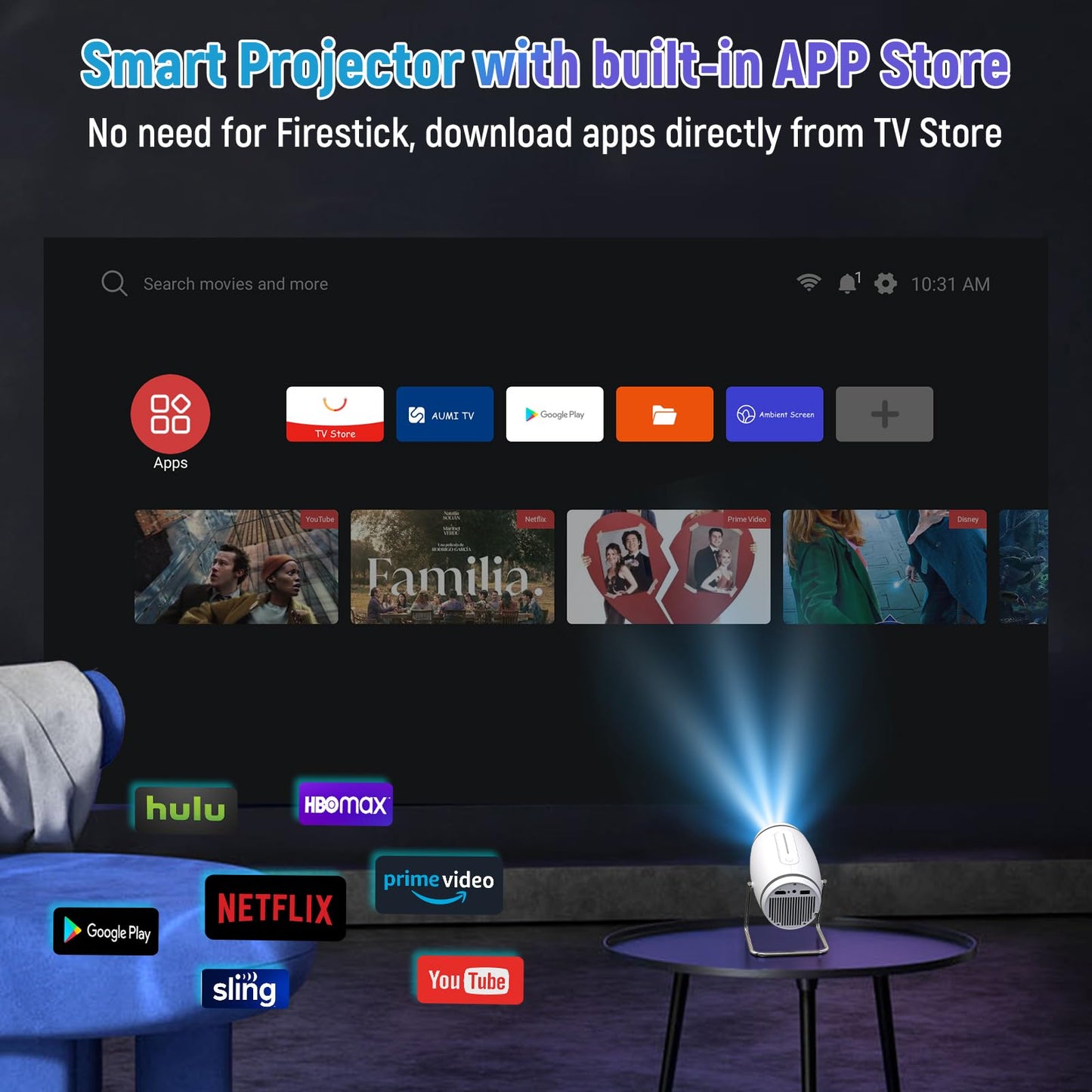 Mini Projector with WiFi and Bluetooth, 4K Compatible with HDMI/USB/Smartphone/PC/Laptop