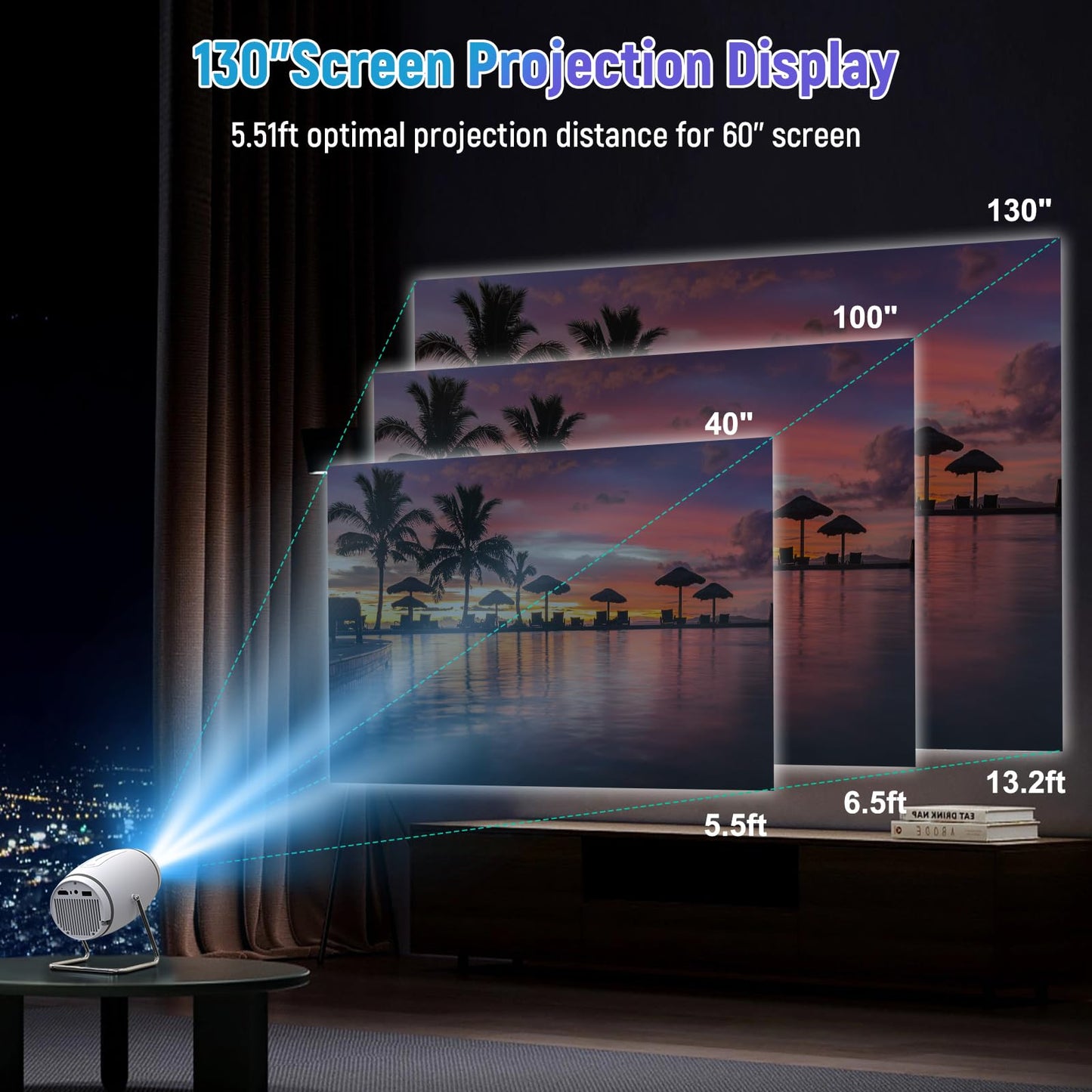 Mini Projector with WiFi and Bluetooth, 4K Compatible with HDMI/USB/Smartphone/PC/Laptop