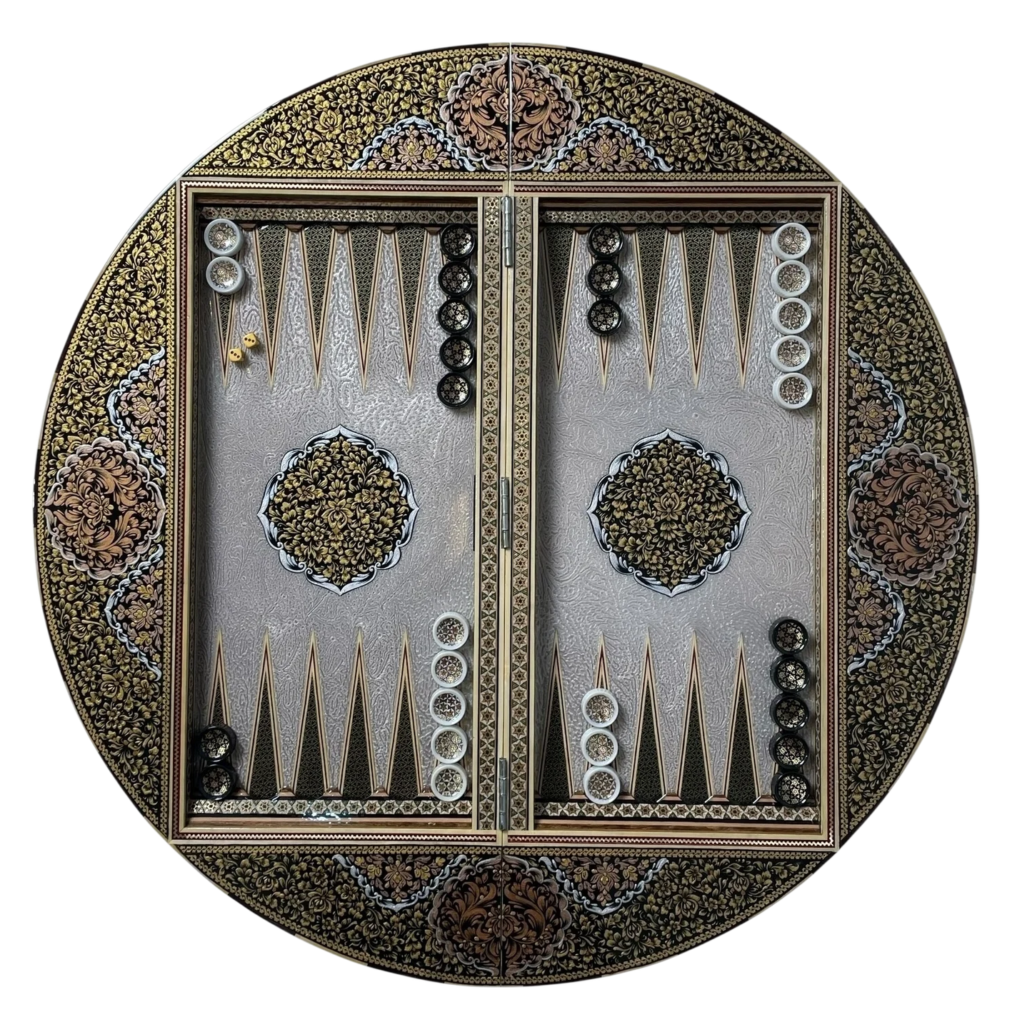 Khatam 70-round backgammon board with Fantasy colors dance design
