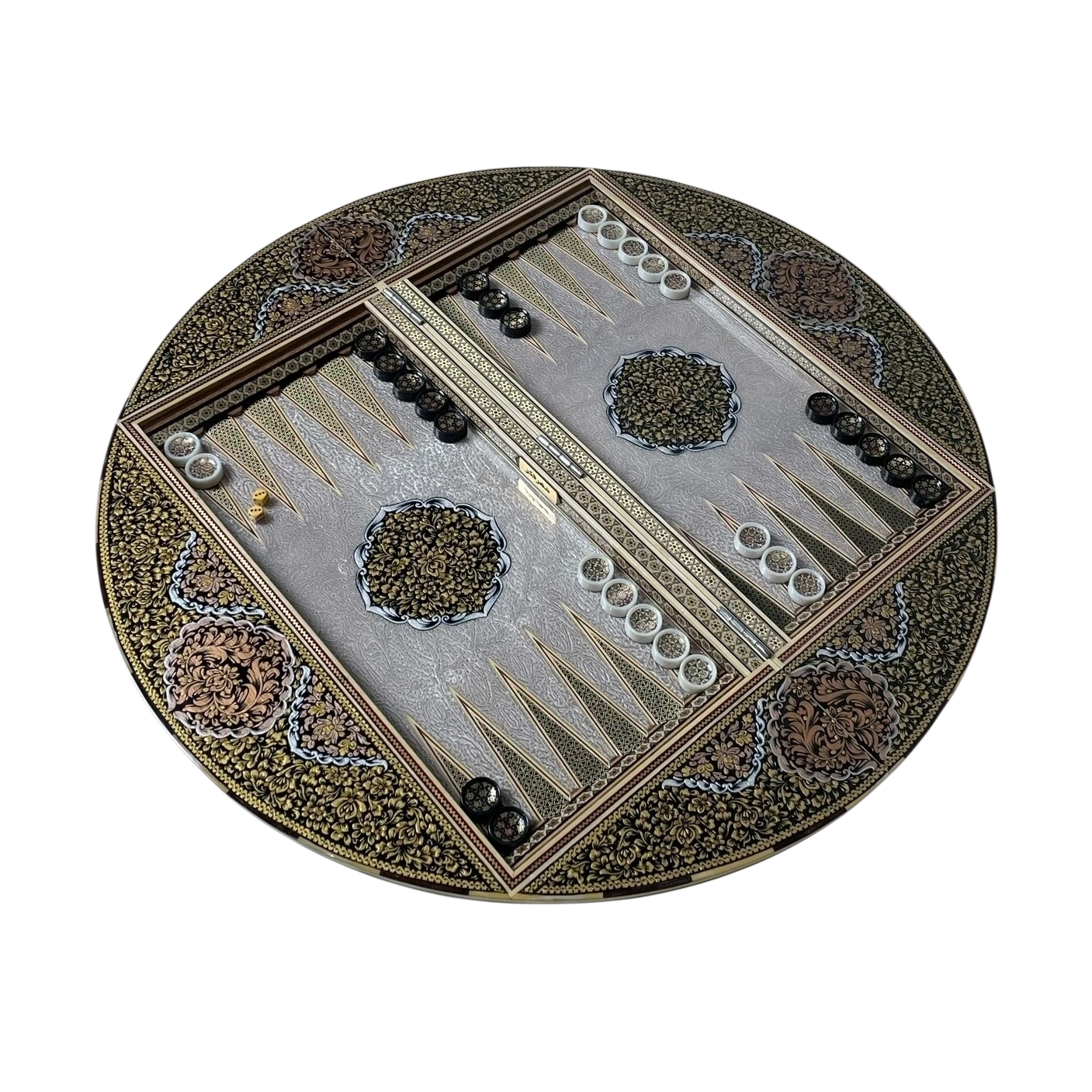 Khatam 70-round backgammon board with Fantasy colors dance design
