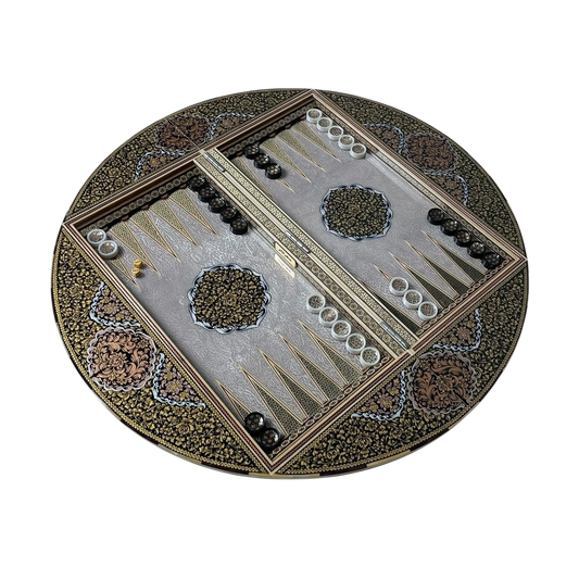 Khatam 70-round backgammon board with Fantasy colors dance design