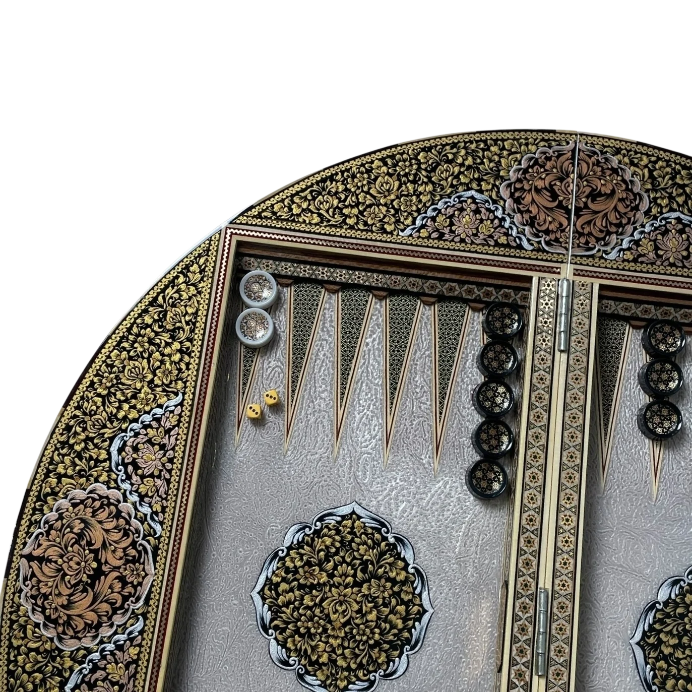 Khatam 70-round backgammon board with Fantasy colors dance design