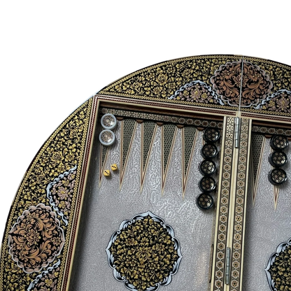 Khatam 70-round backgammon board with Fantasy colors dance design