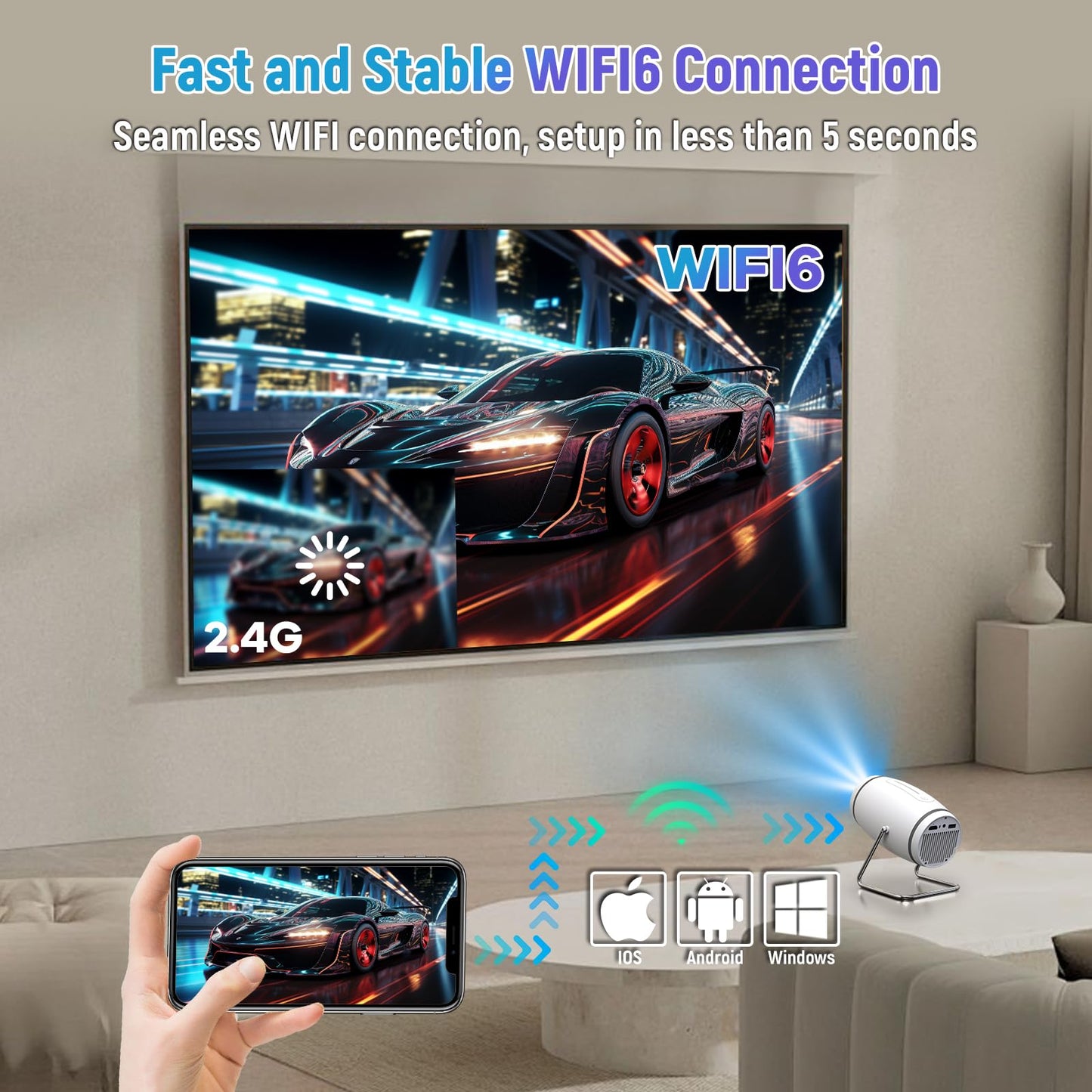 Mini  Projector with WiFi and Bluetooth, 4K  Compatible with HDMI/USB/Smartphone/PC/Laptop
