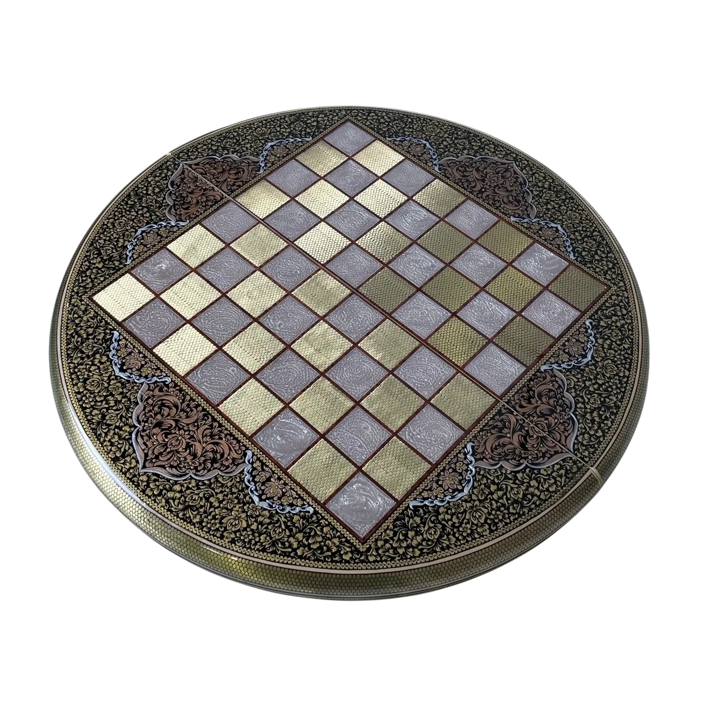 Khatam 70-round backgammon board with Fantasy colors dance design